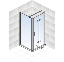 Illustration einer Eckeinstiegsdusche mit Pendeltürfunktion.