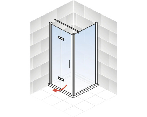 Eckdusche mit Drehtür und rotem Pfeil zur Darstellung des Schwenkbereichs
