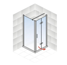 Eckdusche mit Drehtür und rotem Pfeil, der die Drehbewegung anzeigt