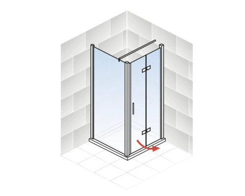 Eckdusche mit Drehtür und rotem Pfeil, der die Drehbewegung anzeigt