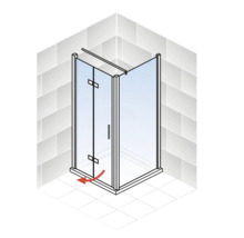 Eckdusche mit Schwingtür und rotem Pfeil, der die Drehrichtung anzeigt