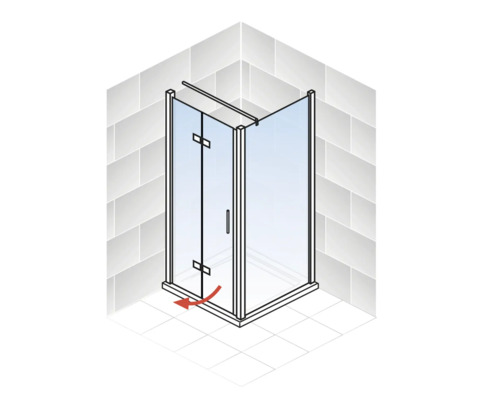 Eckdusche mit Schwingtür und rotem Pfeil, der die Drehrichtung anzeigt