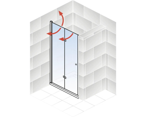 Schema einer Duschtür mit Schwenkfunktion in einem Badezimmer