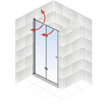 Illustration einer Duschkabine mit Pendeltür und roten Pfeilen, die die Türbewegung darstellen.