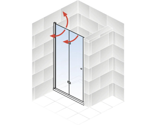 Illustration einer Duschkabine mit Pendeltür und roten Pfeilen, die die Türbewegung darstellen.
