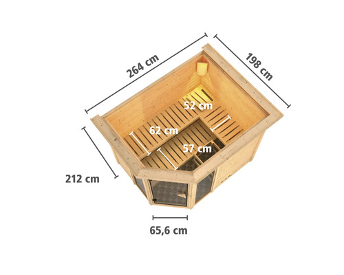 Draufsicht Ecksauna mit den Maßen 264 cm mal 198 cm mal 212 cm und einer Tür von 65,6 cm Breite.