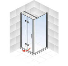 Illustration einer Duschkabine mit Schwingtür und einem roten Pfeil, der die Drehbewegung der Tür darstellt.