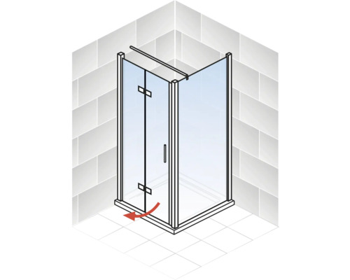Eckdusche mit Drehtür und rotem Pfeil, der die Drehbewegung andeutet
