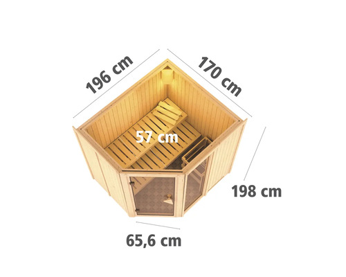 Finnische Sauna mit Maßen 196 cm mal 170 cm mal 198 cm