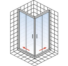 Eckdusche mit zwei Türen und roten Pfeilen, die die Öffnungsrichtung anzeigen