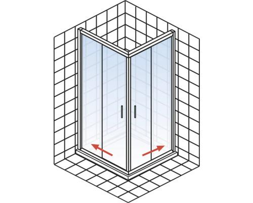 Eckdusche mit zwei Türen und roten Pfeilen, die die Öffnungsrichtung anzeigen