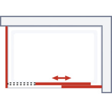 Skizze einer Duschkabine mit Schiebetür und Verstellbereich