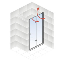 Skizze einer Duschkabine mit Glaswand und roten Pfeilen zur Veranschaulichung der Bewegungsrichtung