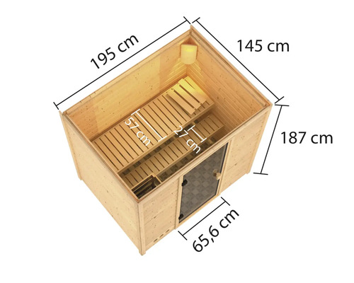 Illustration einer Sauna mit Maßangaben zu Länge, Breite und Höhe