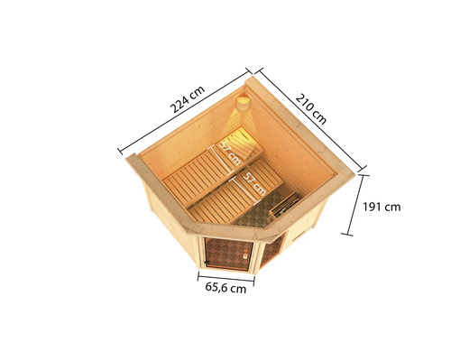 Abbildung einer Holzsauna mit Maßangaben
