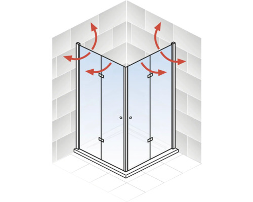 Eckdusche mit Pfeilen zur Darstellung der Belüftung