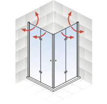 Illustration einer Eckdusche mit roten Pfeilen, die die Luftzirkulation darstellen