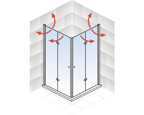 Illustration einer Eckdusche mit roten Pfeilen, die die Luftzirkulation darstellen