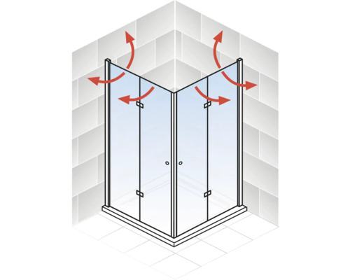 Illustration einer Eckdusche mit Pfeilen, die die Luftzirkulation zeigen
