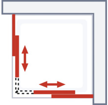 Illustration einer Duschkabine mit Richtungspfeilen zur Veranschaulichung von Größenverhältnissen