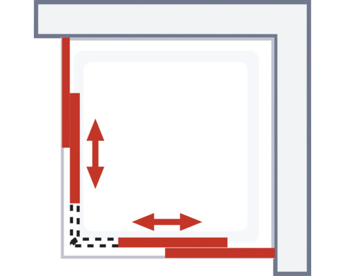 Illustration einer Duschkabine mit Richtungspfeilen zur Veranschaulichung von Größenverhältnissen