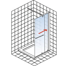 Begehbare Dusche mit Duschwand aus Glas und rotem Pfeil