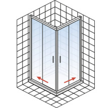 Eckdusche mit zwei Türen in einem Badezimmer mit Fliesen
