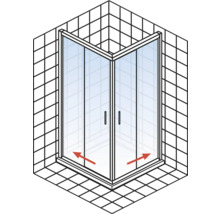 Eckdusche mit zwei Türen in einem Badezimmer mit Fliesen