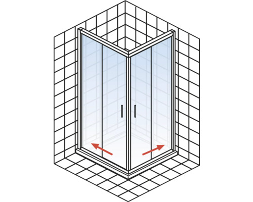 Eckdusche mit zwei Türen in einem Badezimmer mit Fliesen