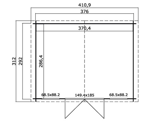 Grundrisszeichnung eines Gartenhauses mit Maßangaben.