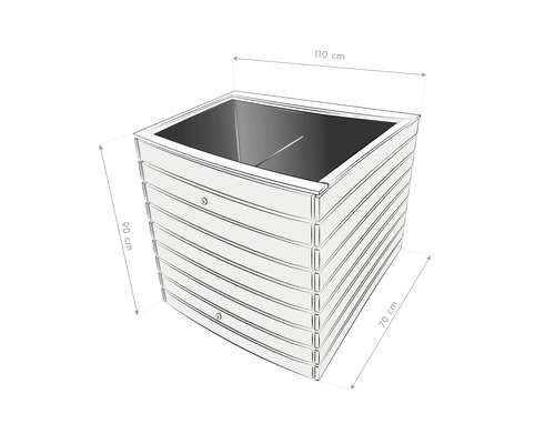 Illustration eines Pflanzkastens mit den Maßen 110 cm Länge, 70 cm Breite und 90 cm Höhe