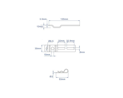Technische Zeichnung eines Beschlags mit Maßangaben.