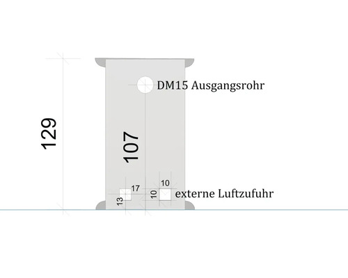 Technische Zeichnung eines Abluftrohrs mit Maßangaben