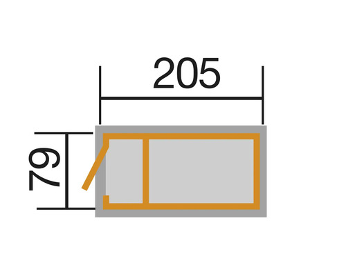 Technische Zeichnung eines Gerätehauses mit den Maßen 205 mal 79 Zentimeter