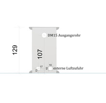 Technische Zeichnung eines Abluftrohrs mit den Maßen 129, 107, 17, 13 und 10, mit externer Luftzufuhr und 15 Millimeter Auslassrohr