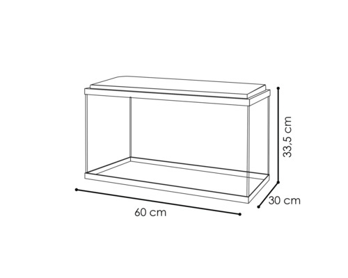 Aquarium mit den Maßen 60 cm Länge, 30 cm Breite und 33,5 cm Höhe.