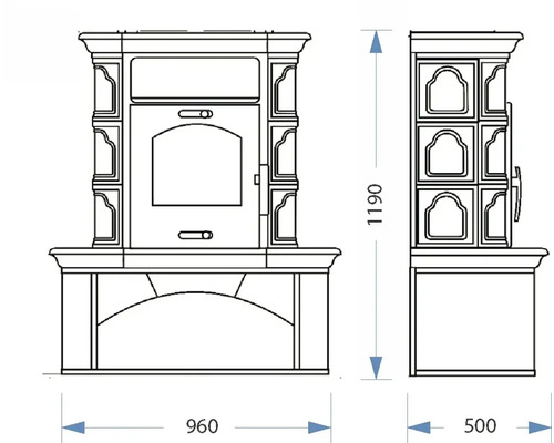 Technische Zeichnung eines Kaminofens mit den Maßen 960 x 500 x 1190 Millimeter.