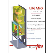 Lugano transportabler Kachelofen mit technischen Details und Domofire Logo