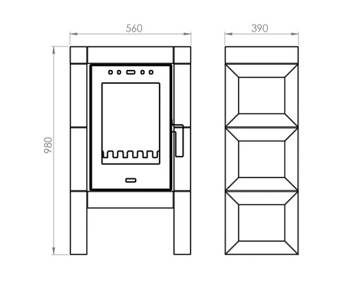 Technische Zeichnung eines Ofens mit den Maßen 560 x 390 x 980 Millimeter