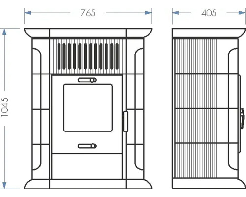 Technische Zeichnung eines Ofens mit Maßangaben zu Höhe, Breite und Tiefe.
