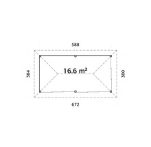 Grundriss mit den Maßen 672 mal 384 Zentimeter und 588 mal 300 Zentimeter, was einer Fläche von 16,6 Quadratmetern entspricht