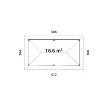 Grundrisszeichnung mit Maßangaben: 384 x 672 cm Außenmaß, 300 x 588 cm Sockelmaß, 16.6 Quadratmeter Fläche