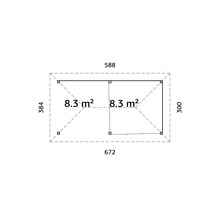 Grundriss mit Maßangaben und Flächenangaben für ein Gartenhaus