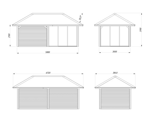 Technische Zeichnung eines Gartenhauses mit Maßangaben