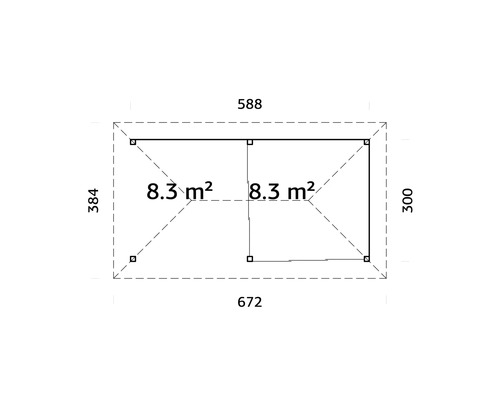 Grundrisszeichnung eines Gartenhauses mit Flächenangabe und Abmessungen.