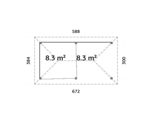 Grundrisszeichnung mit Maßangaben in Zentimetern und Flächenangabe in Quadratmetern