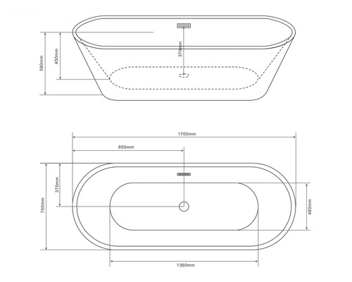 Technische Zeichnung einer freistehenden Badewanne mit Maßangaben