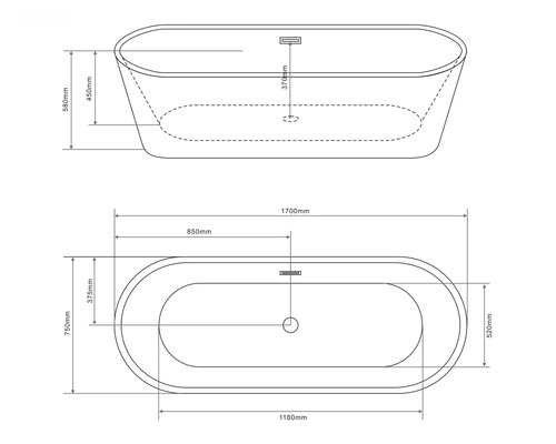 Zeichnung einer freistehenden Badewanne mit Maßangaben