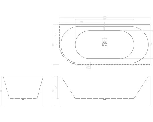 Technische Zeichnung einer Badewanne mit Maßen.