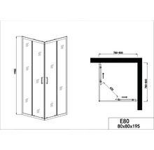 Technische Zeichnung einer Eckdusche mit den Maßen 80x80x195 Zentimeter